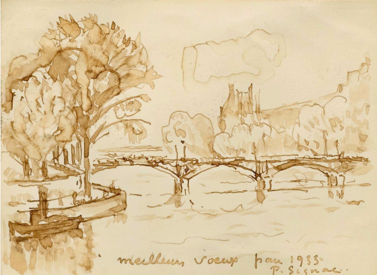 ポール・シニャック 紙にセピア サイン 《Paris, le Pont des Arts（パリ,ポンデザール橋）》