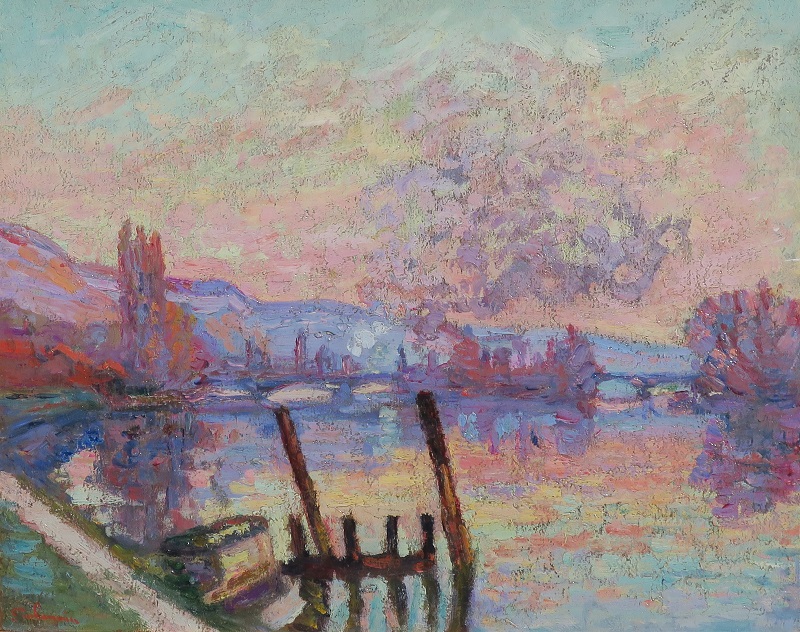 アルマン・ギヨマン キャンバスに油彩 サイン 《夕暮れのコルネイユ橋》