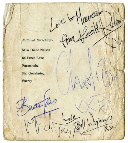 ローリング・ストーンズ 直筆サイン 《メンバー5人の直筆サイン入り1960年代のファンクラブカード》