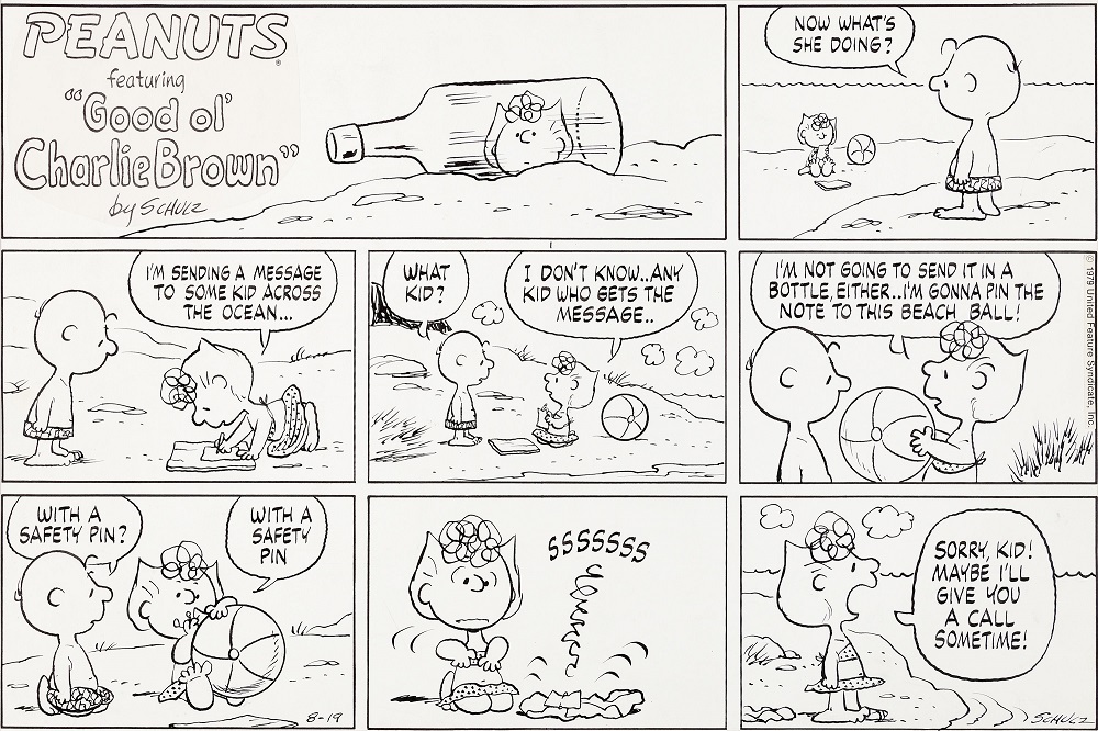 チャールズ ｍ シュルツ 直筆サイン 1967年 Peanuts 直筆コミックストリップ チャーリー ブラウンとライナス