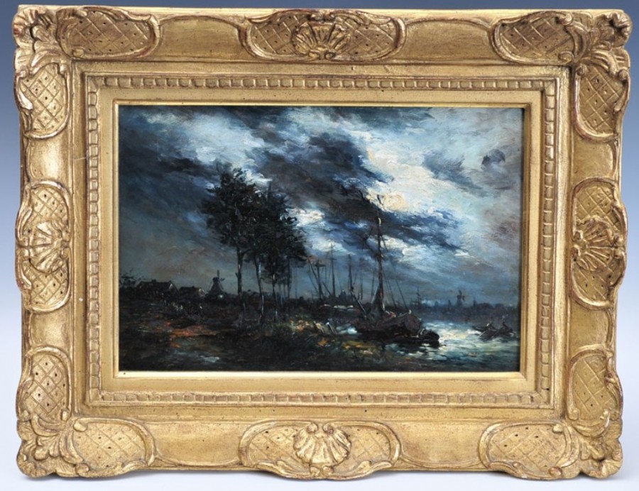 ヨハン・ヨンキント パネルに油彩 サイン 《夜の運河の眺め》