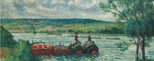 マクシミリアン リュス キャンバスに油彩 サイン 艀と曳船 メリクール