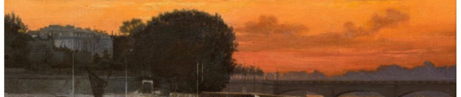 シャルル＝フランソワ・ドービニー 油彩 サイン 《パリのコンコルド橋と夕日》