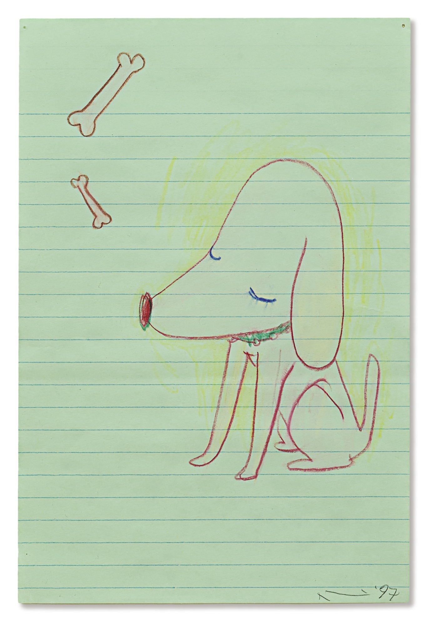 奈良美智 紙に色鉛筆 サイン 無題 犬 ほね